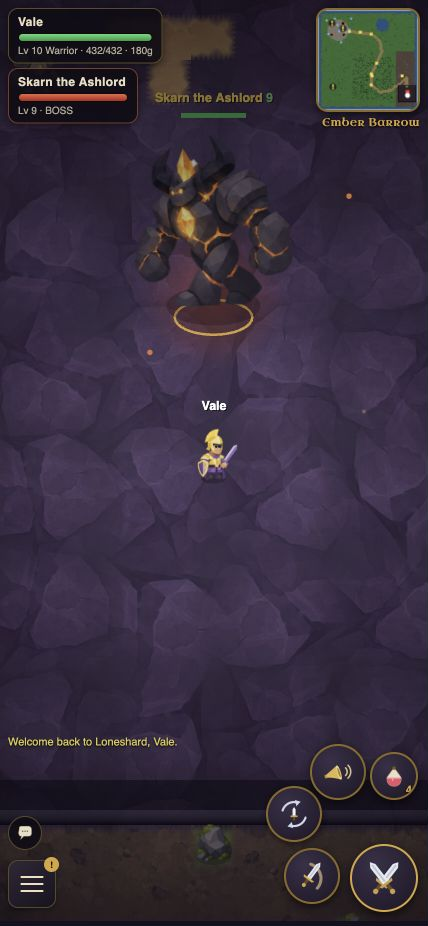 A warrior confronting Skarn the Ashlord in Ember Barrow
