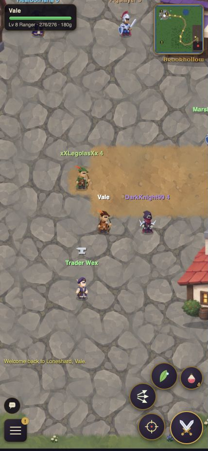 The player arriving in Brookhollow among simulated adventurers