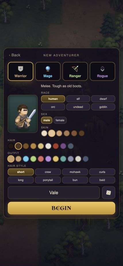 The full Loneshard character creator showing four classes