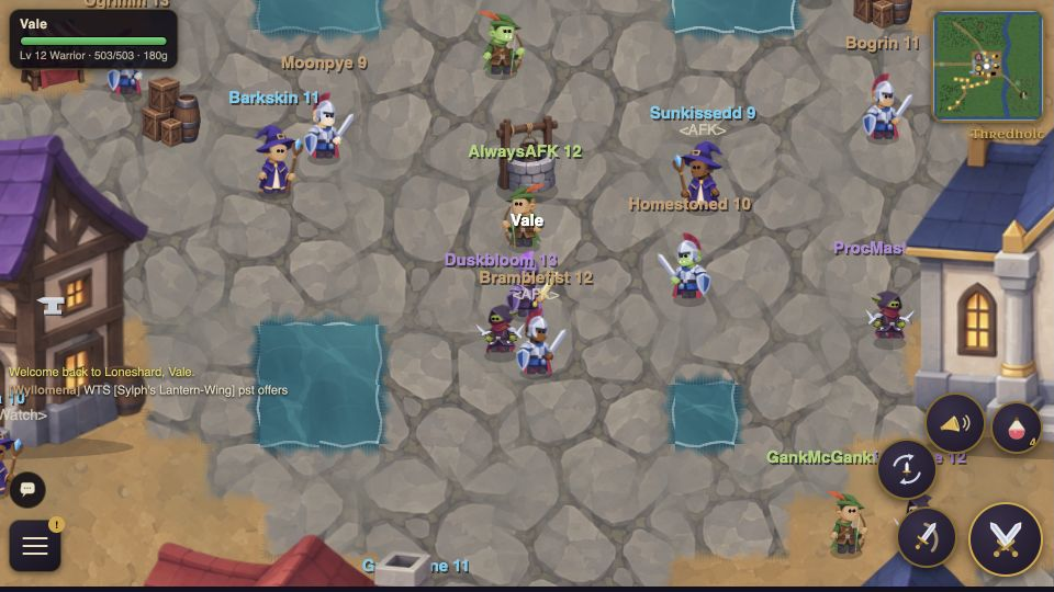 The player standing among adventurers in the capital city of Thredholt