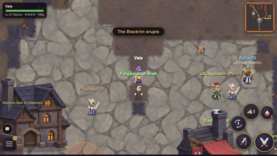 The player at the ash-covered settlement of Emberrest in Cinderfall