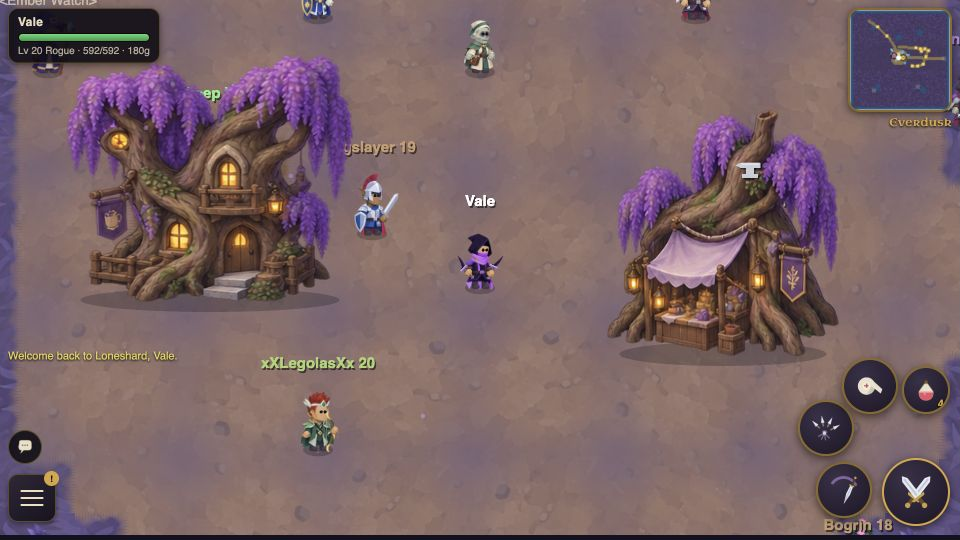The player in purple twilight at Everdusk in Duskveil