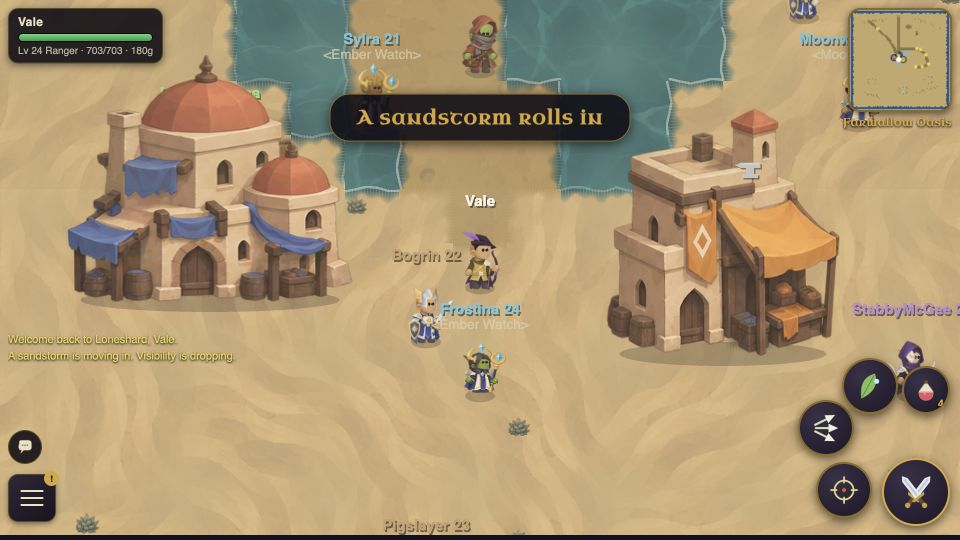 The player among sandstone buildings at Farwallow Oasis in the Shimmersands